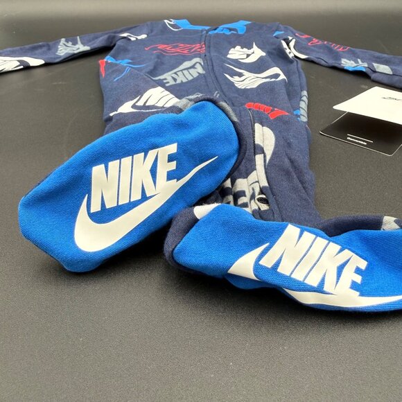 Nike Baby Footed Pajamas 3M Blue Multicolor Navy Logos Cotton Blend 56G821-U90 - Picture 2 of 5